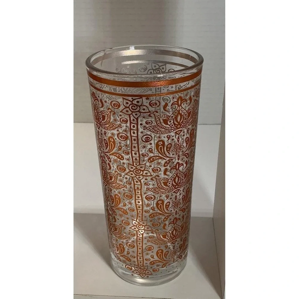 Vintage Moroccan Copper Filigree Highball Glasses Set of 4 Paisley Lotus Barware